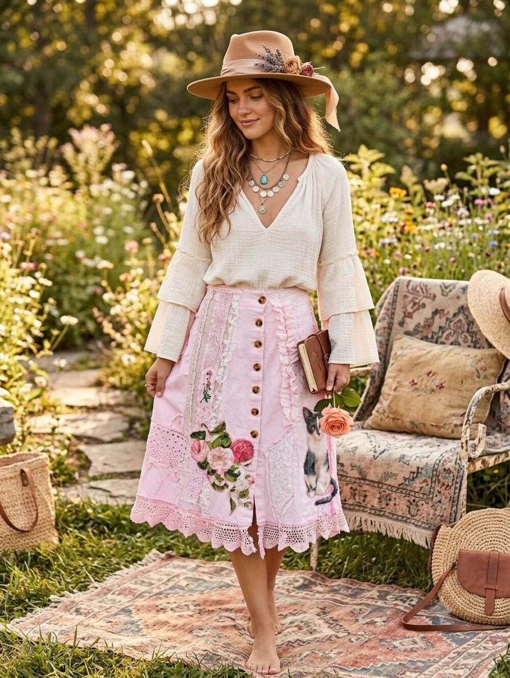 Whimsical Pale Pink Skirt Lace Rose Appliques Cat Patch Boho Cottagecore Skirt